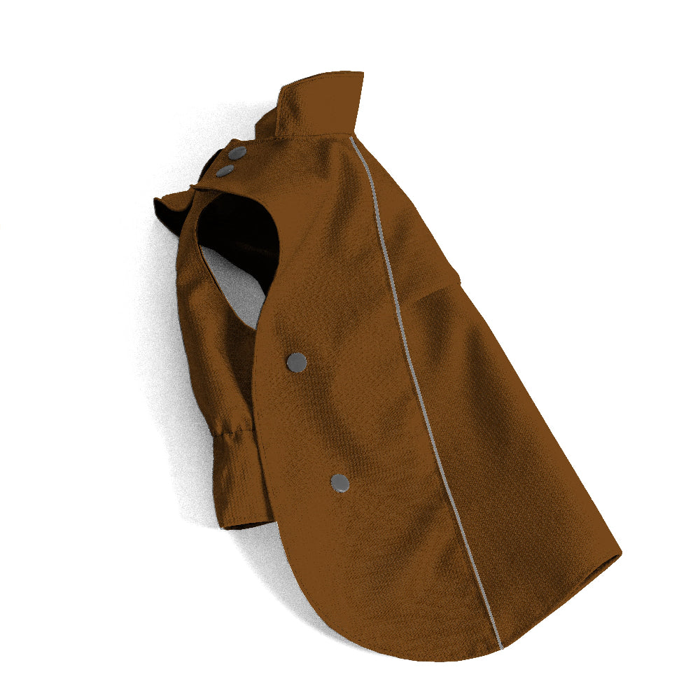 Brown water-resistant cat coat with reflective detailing, a neck opening, and snap fasteners.