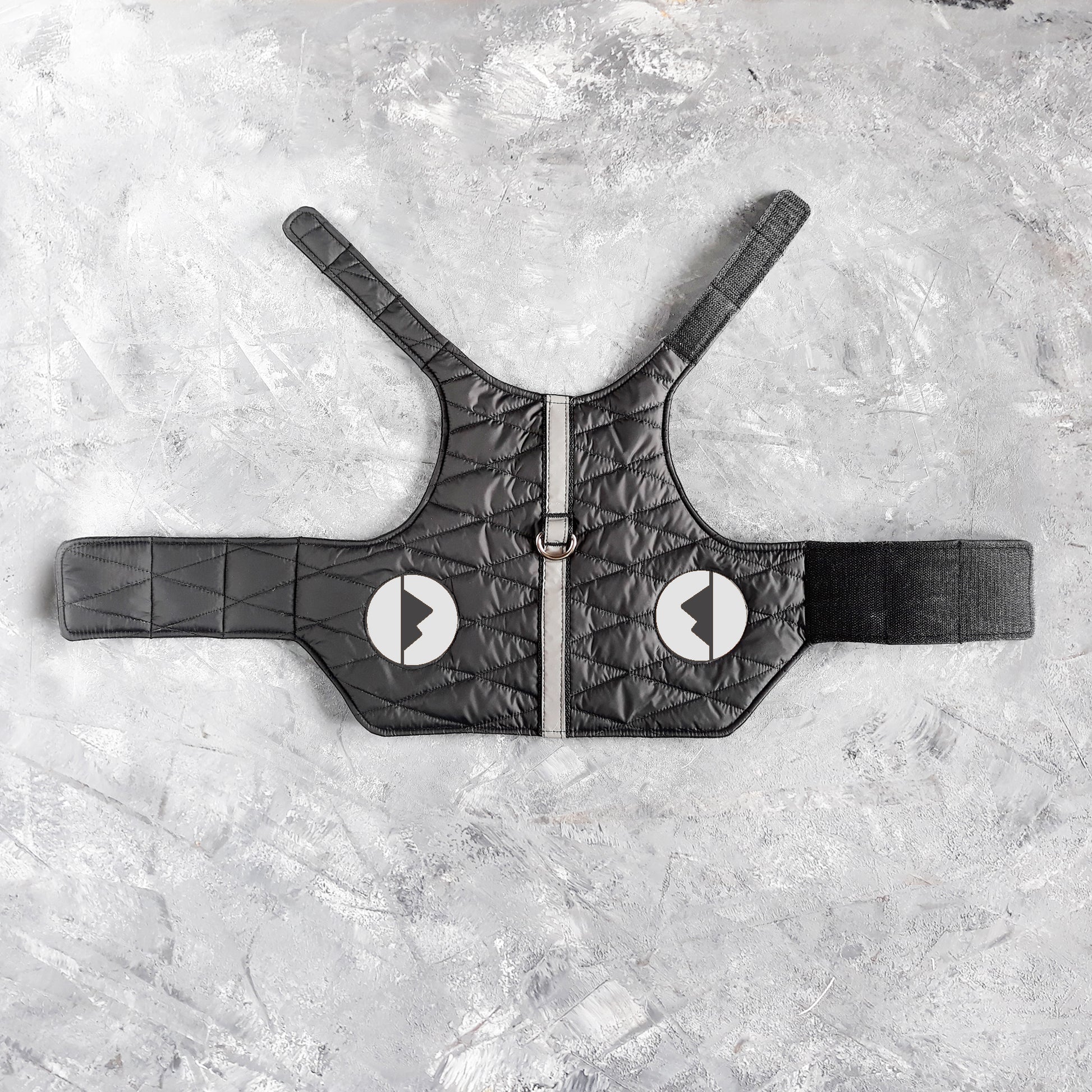 A quilted black cat harness with reflective silver stripes, circular reflective elements