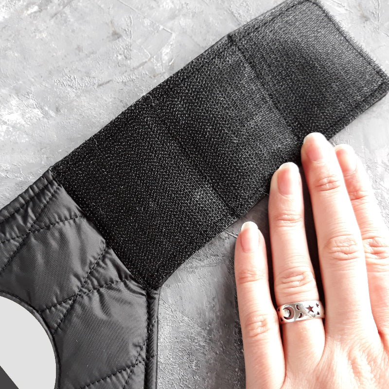 A quilted black cat harness with reflective silver stripes, circular reflective elements