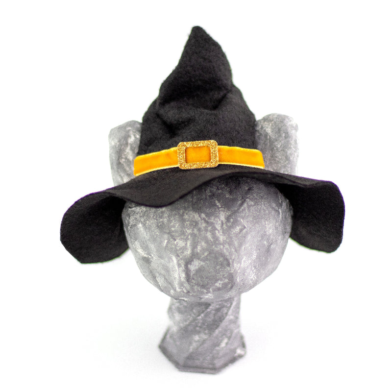 Black witch hat with orange trim and gold buckle for cats and small dogs, Halloween pet costume