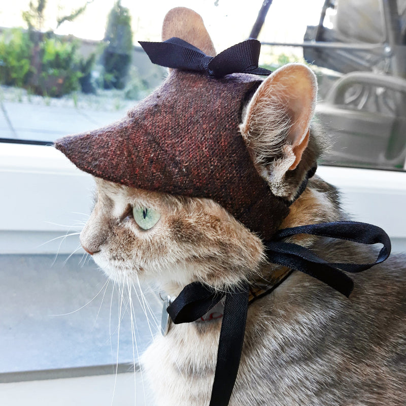 Tweed-style hat for a cat with a small brim and a black ribbon tied in a bow on top, shown on a grey textured surface.