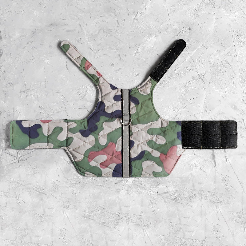 A quilted camo cat harness with reflective silver stripe