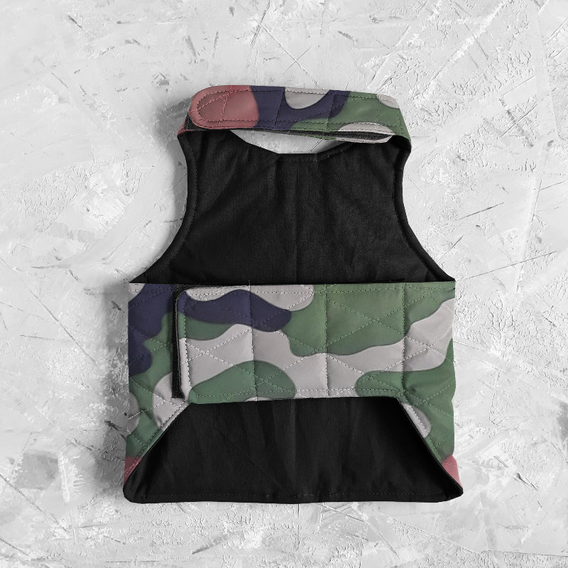 A quilted camo cat harness with reflective silver stripe