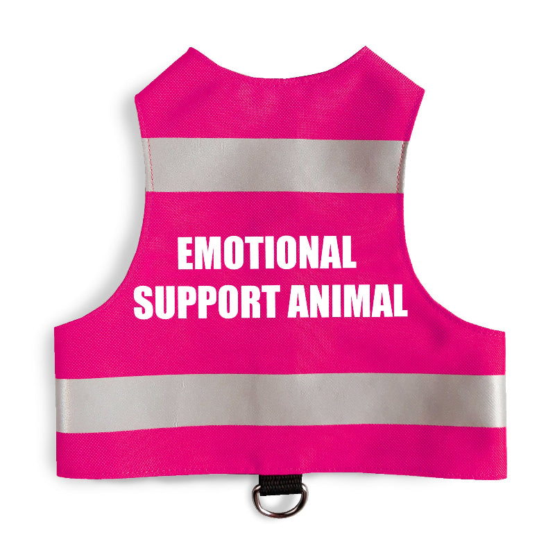 Flat lay of an pink safety vest for an emotional support animal, featuring two horizontal reflective silver stripes and the white text "EMOTIONAL SUPPORT ANIMAL" stacked in the center, with a black leash attachment loop and silver D-ring at the bottom.