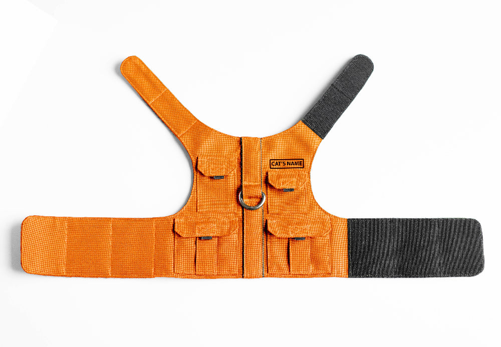 Cat harness designed with a utility vest appearance, featuring several small pockets, a leash attachment ring, and a customizable name patch.