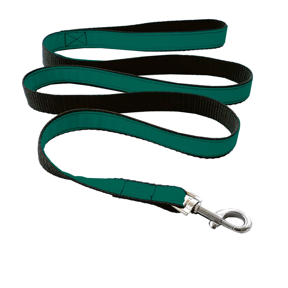 Green dog leash with black handle on a white background