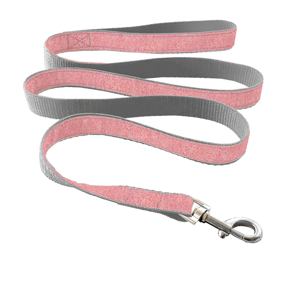 Pink and gray dog leash with a metal clip on a white background