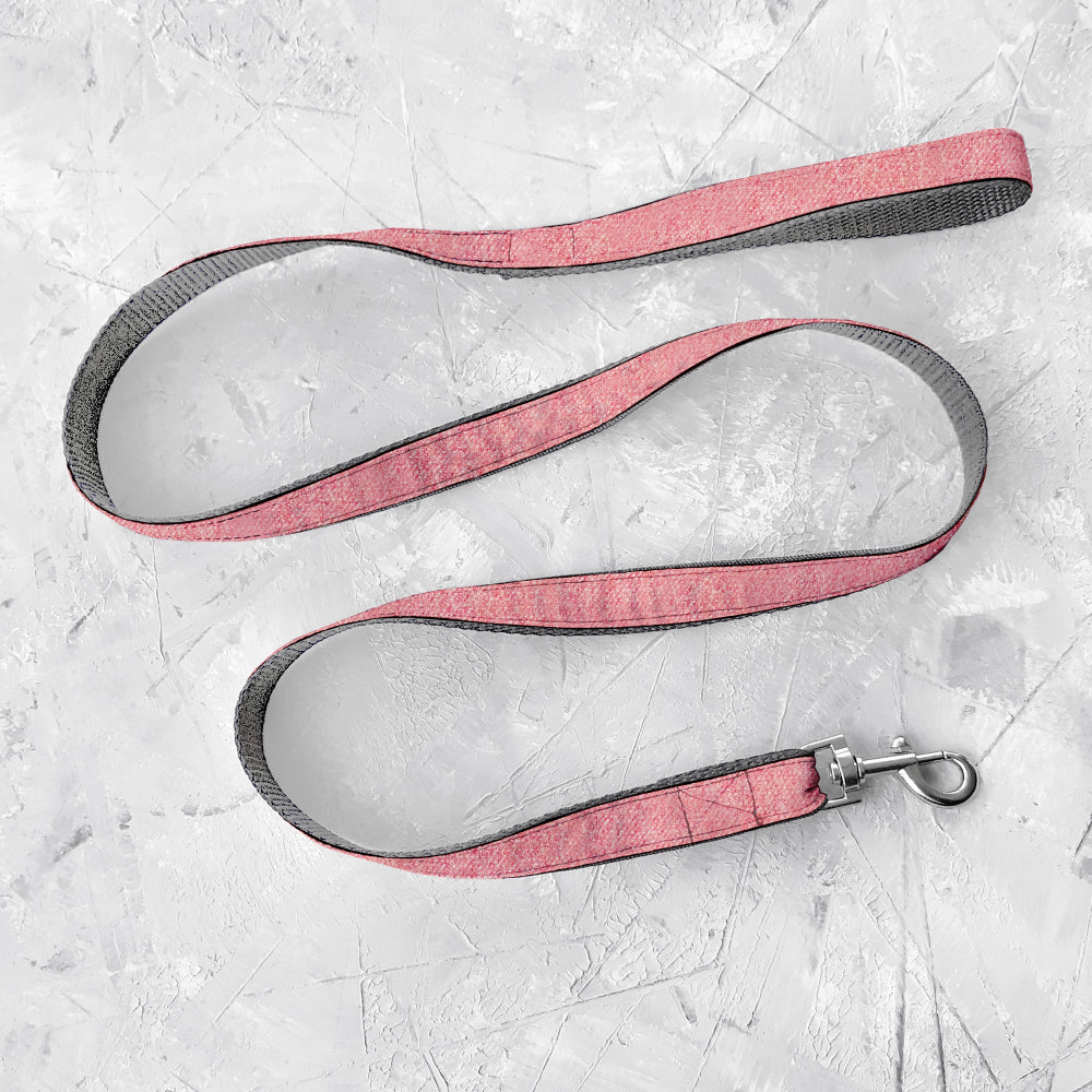 Pink dog leash with gray handle on a light gray textured background