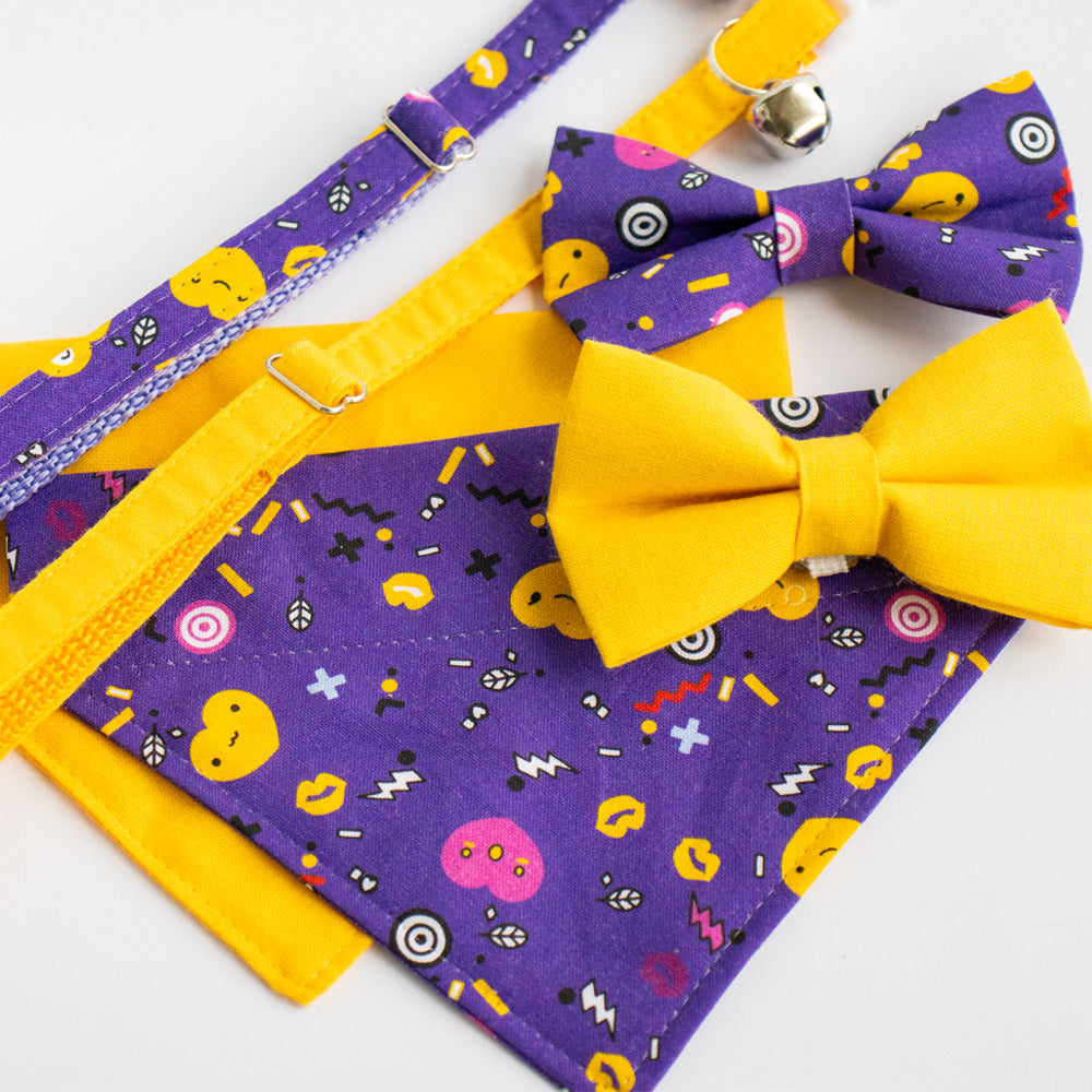 Purple and yellow pet accessory set featuring kawaii pattern collars, bow ties, and bandanas