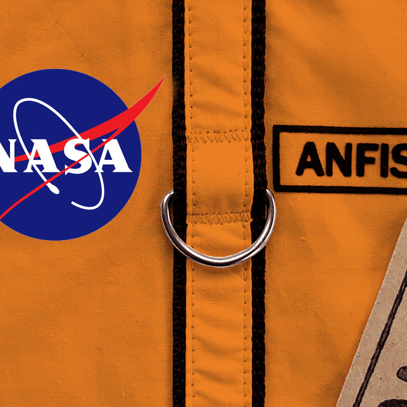 Close-up of a silver D-ring attached to an orange NASA cat harness, showing the NASA logo patch.