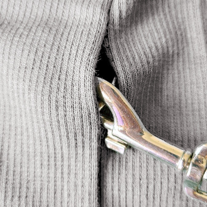 A gray cotton sweater designed for a pet is shown on a white background