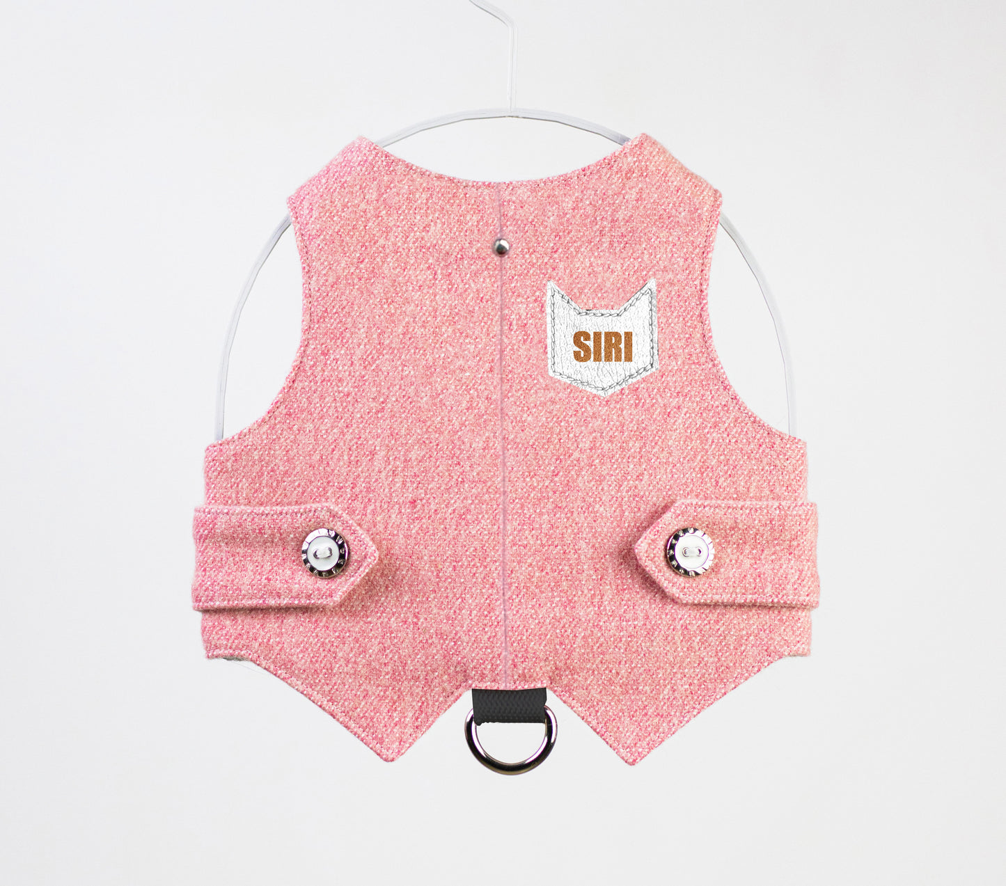 Escape proof pink tweed cat harness with leather patch. Personalization is avaliable