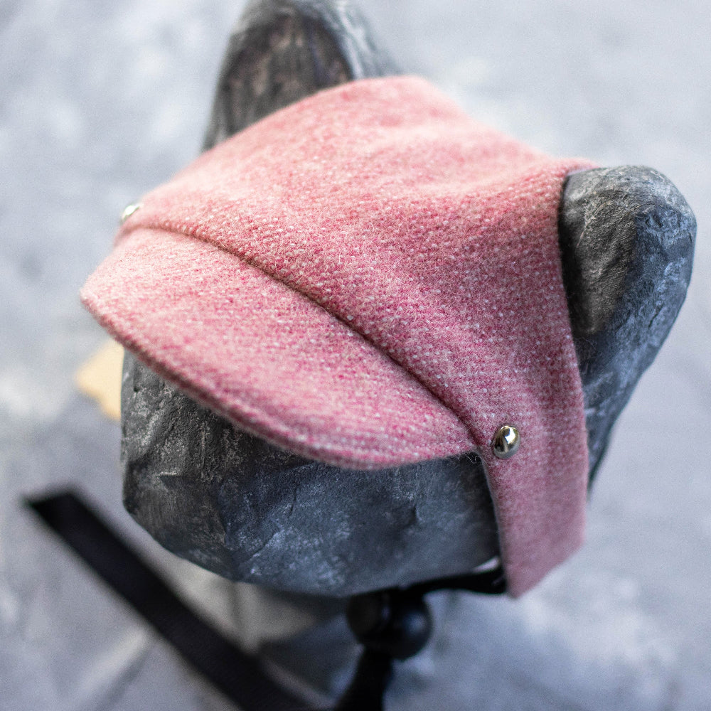 Tweed-style hat for a cat with a small brim shown on a grey textured surface.