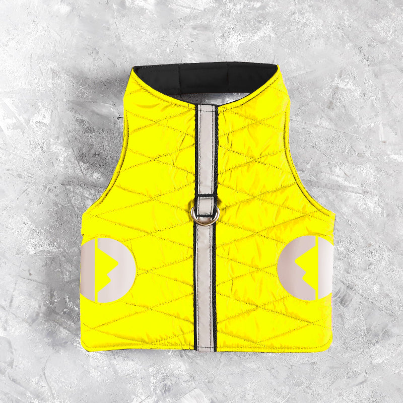 A quilted yellow cat harness with reflective silver stripes, circular reflective elements