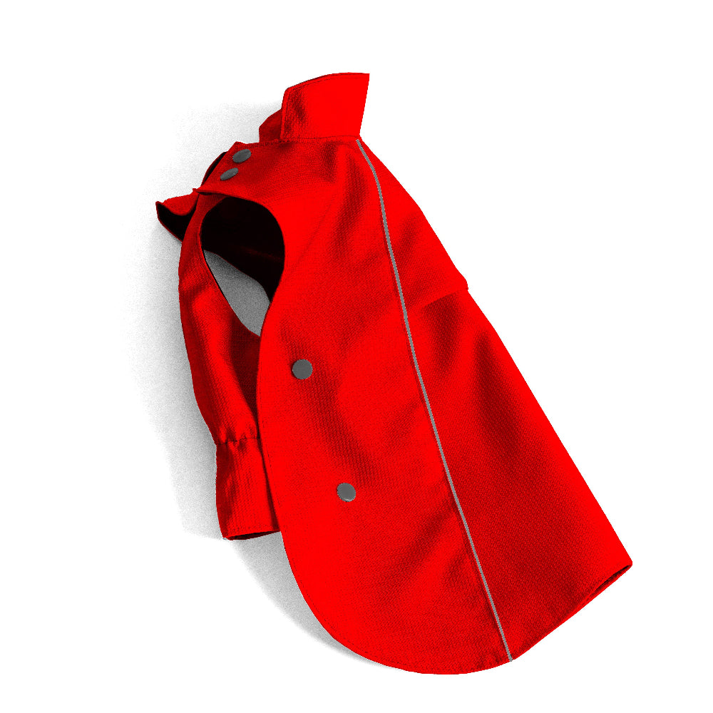 Red water-resistant cat coat with reflective detailing, a neck opening, and snap fasteners.