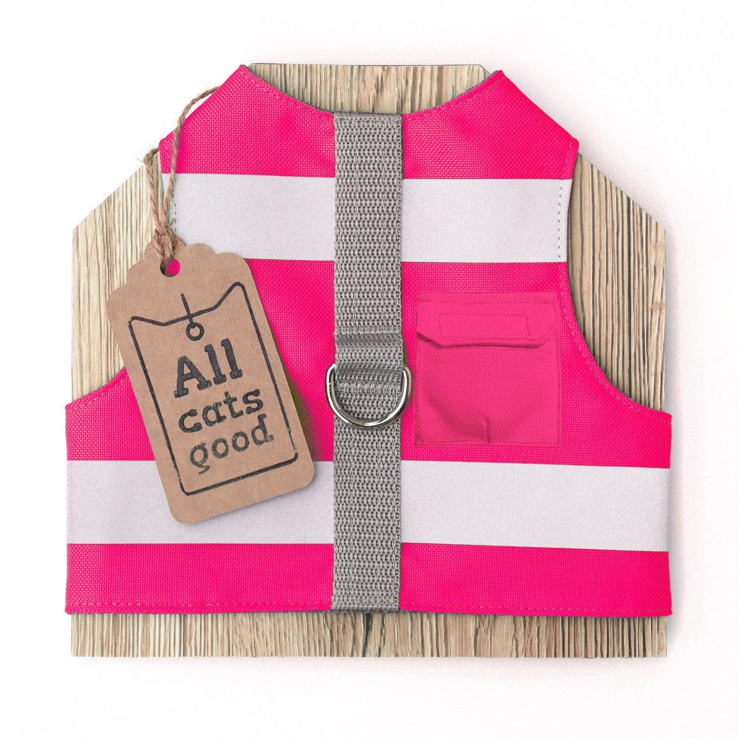 Escape proof high visibility water-repellent cat harness with reflective stripes. Pink fuchsia. AirTag Pocket optional