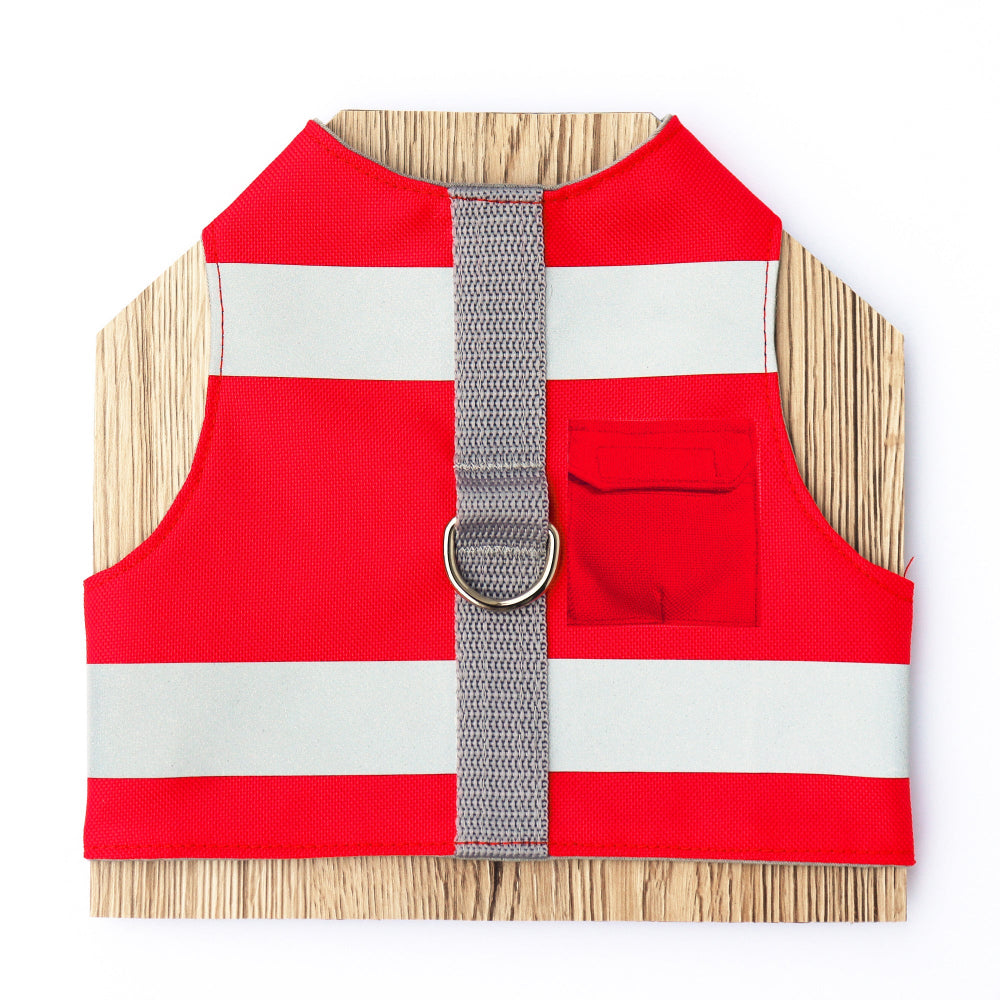 A bright red water-repellent cat harness with horizontal reflective silver stripes, a grey vertical strap with a silver D-ring, and a small pocket on the side.