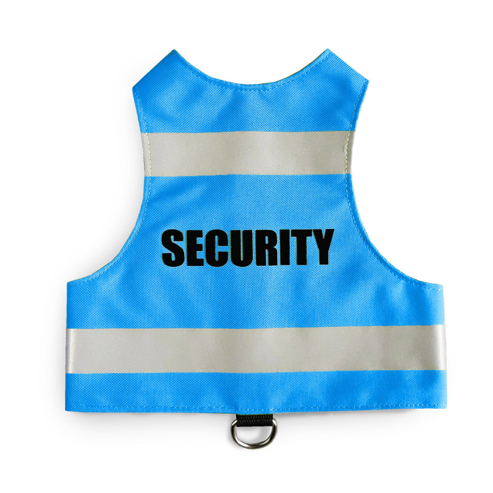 A bright blue cat safety harness with the word "SECURITY" printed in black and two horizontal silver reflective stripes.