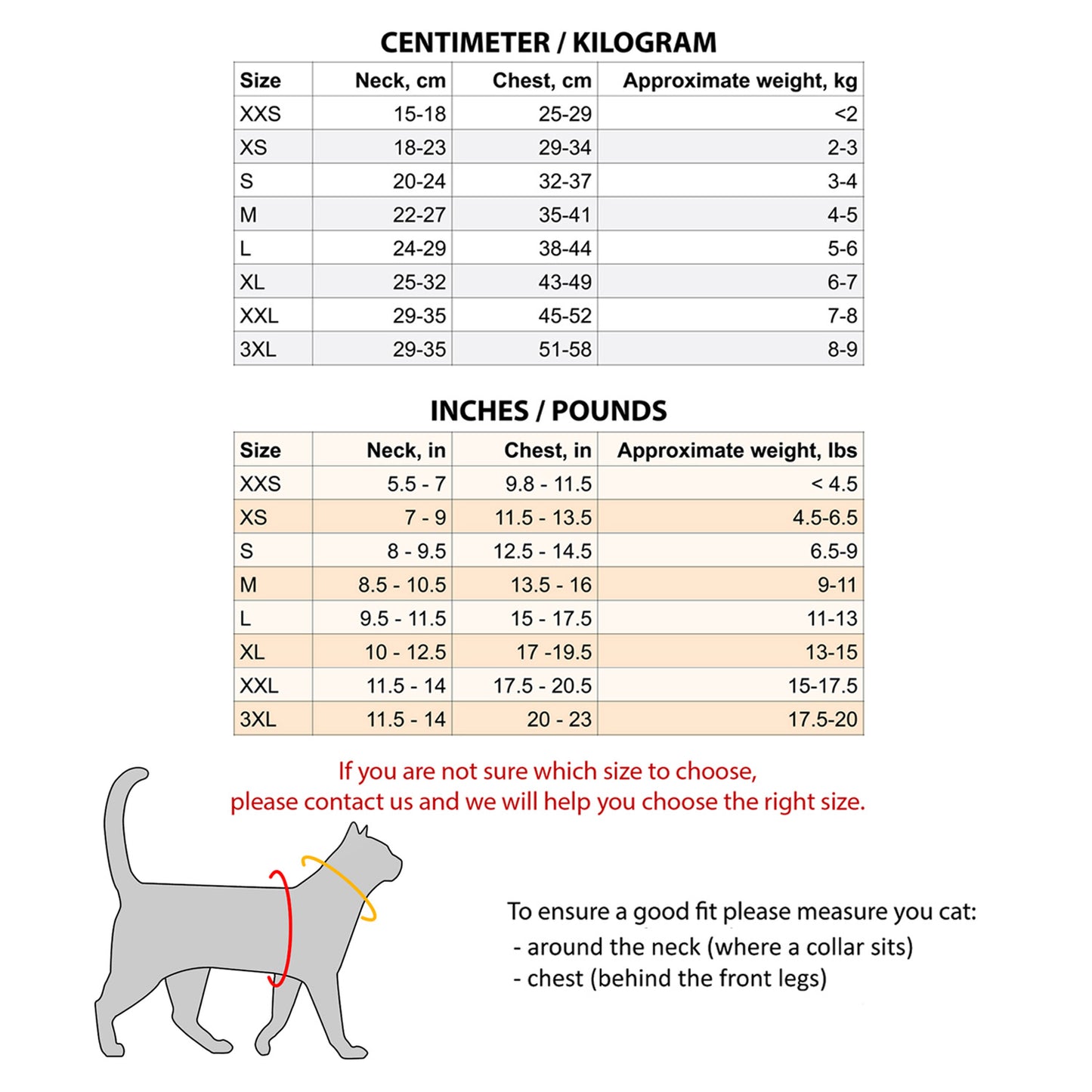 A helpful cat harness sizing chart that allows users to find the appropriate size based on their cat's neck and chest measurements and approximate weight, given in both centimeters/kilograms and inches/pounds