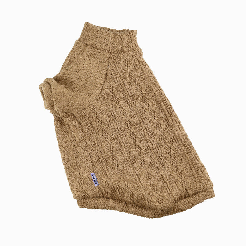 Beige cable-knit sweater for a cat with a high ribbed turtleneck, sleeves