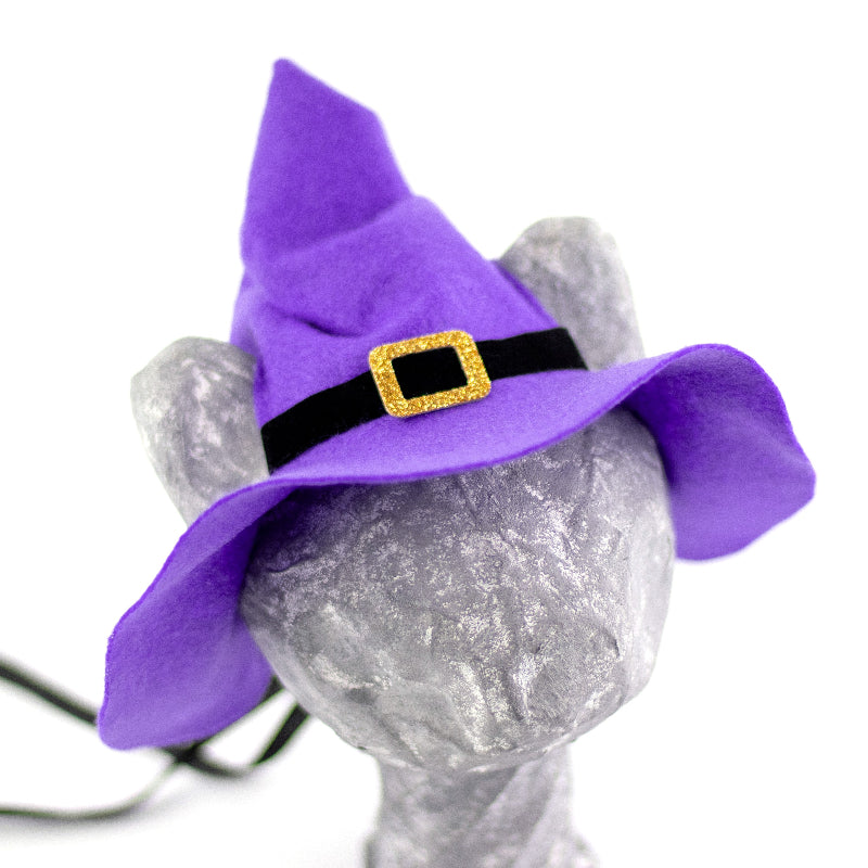 Purple witch hat with black trim and gold buckle for cats and small dogs, Halloween pet costume