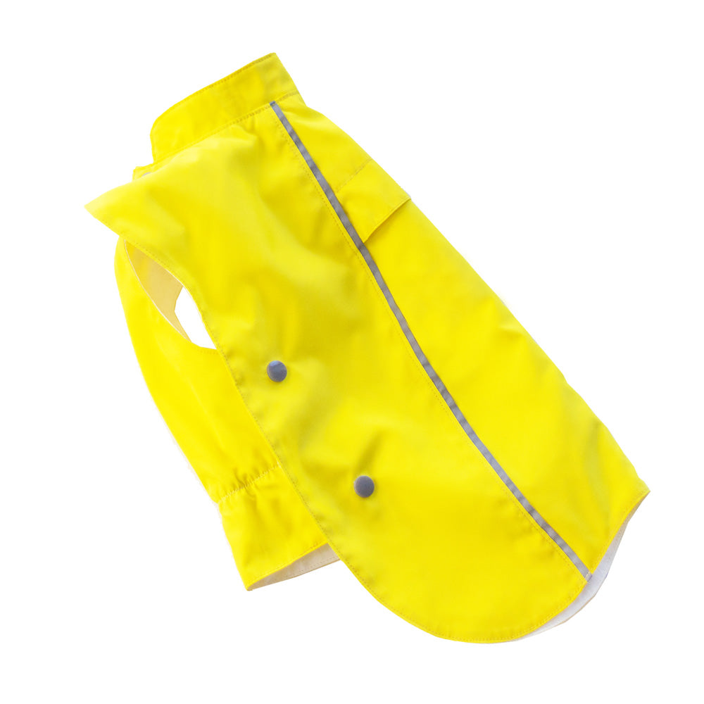 Yellow water-resistant cat coat with reflective detailing, a neck opening, and snap fasteners.