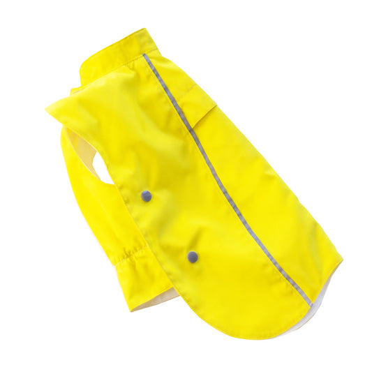 Yellow water-resistant cat coat with reflective detailing, a neck opening, and snap fasteners.