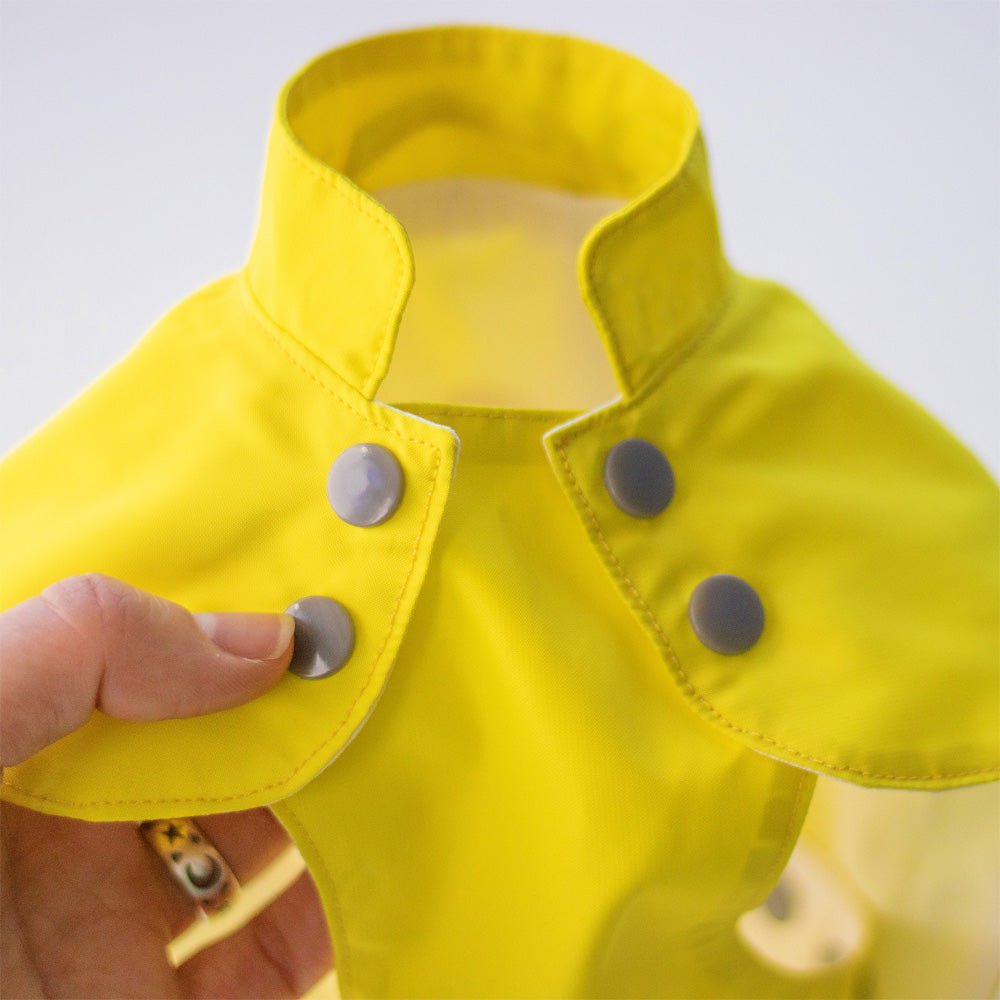 Close-up of grey snap closures on a bright yellow cat raincoat, showing the fabric and stitching details.