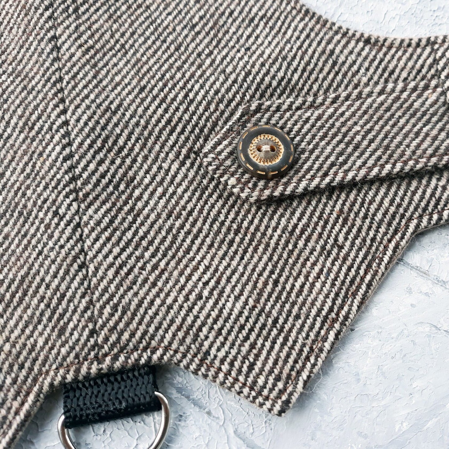 A detailed close-up shows decorative flap tabs with antique-style round buttons on a brown tweed cat harness with a diagonal stripes pattern. A silver metal D-ring attached to a black nylon strap is visible below.