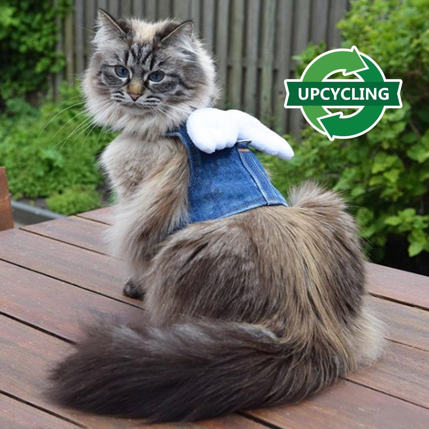 Difficult to escape upcycling denim cat harness with removable angel wings