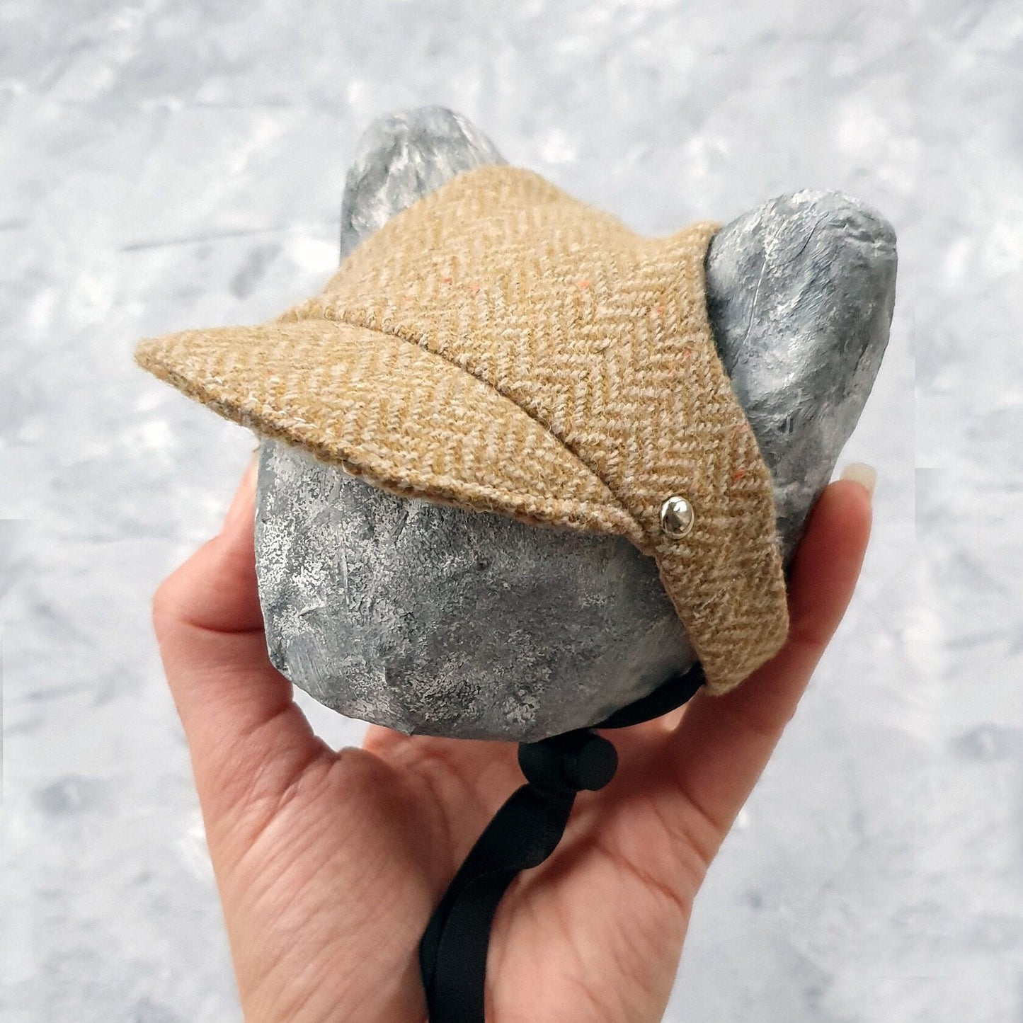 Yellow herringbone tweed hat for cat