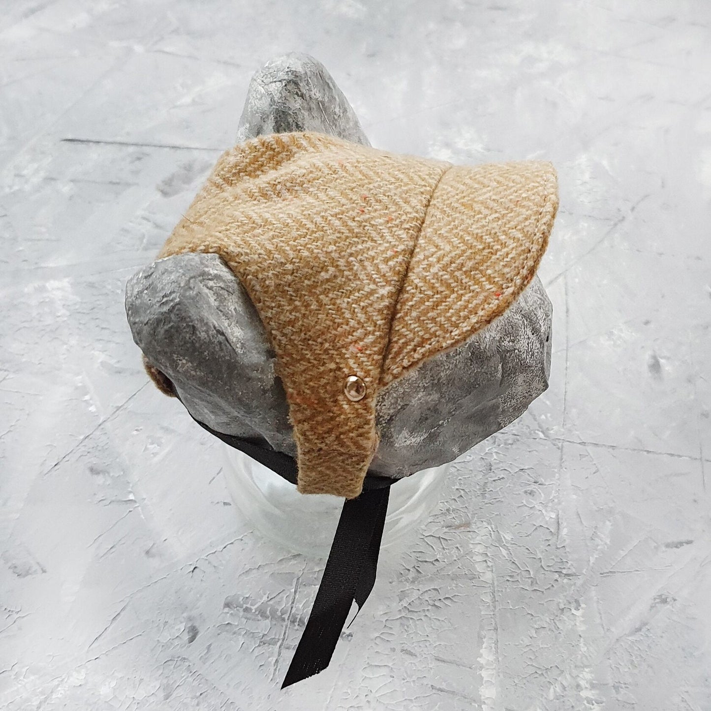 Yellow herringbone tweed hat for cat