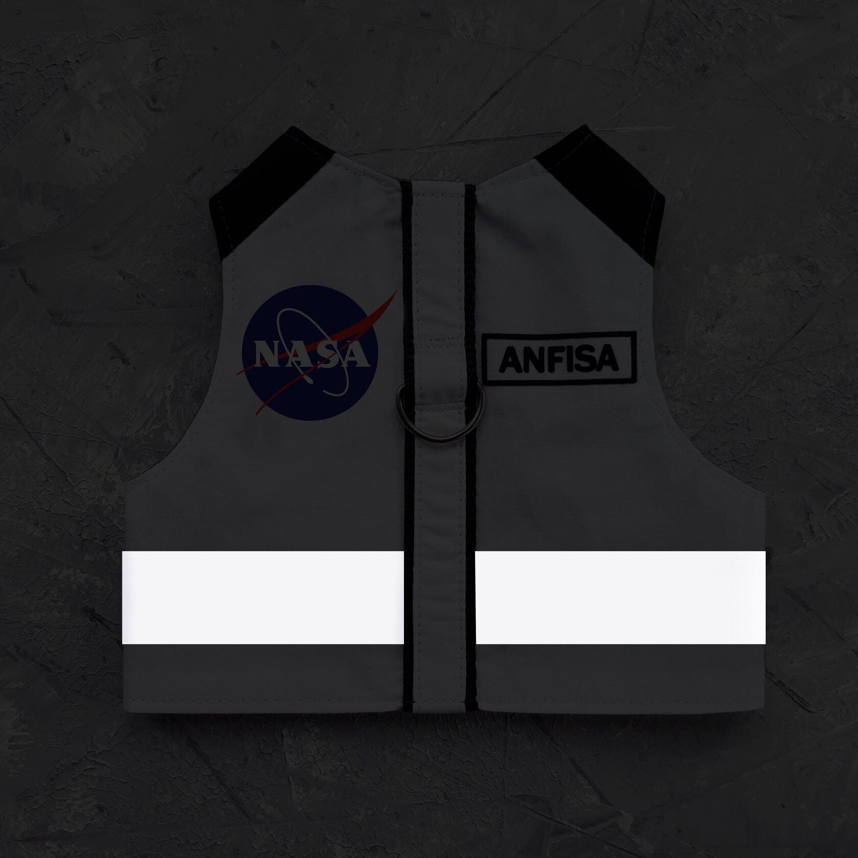 A dark grey cat harness with black shoulder accents, a glowing white reflective stripe, a NASA logo patch, and an "ANFISA" tag illuminated in low light.