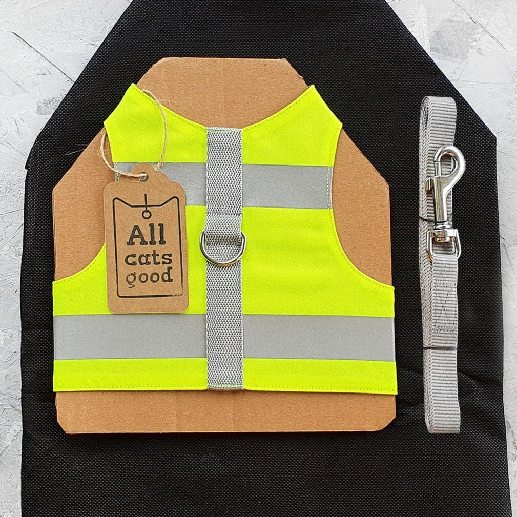 The All Cats Good leash training kit containing a high-visibility cat harness, a grey leash, and an instructional booklet.