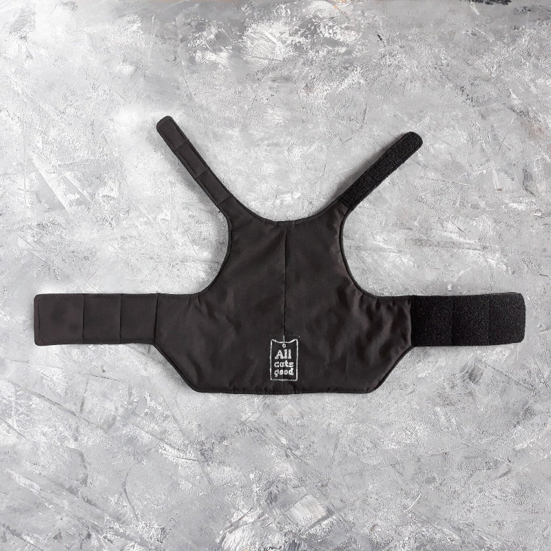A flat lay of a quilted orange cat harness with a central vertical reflective silver stripe, round reflective patches with arrow designs, and black Velcro closures.