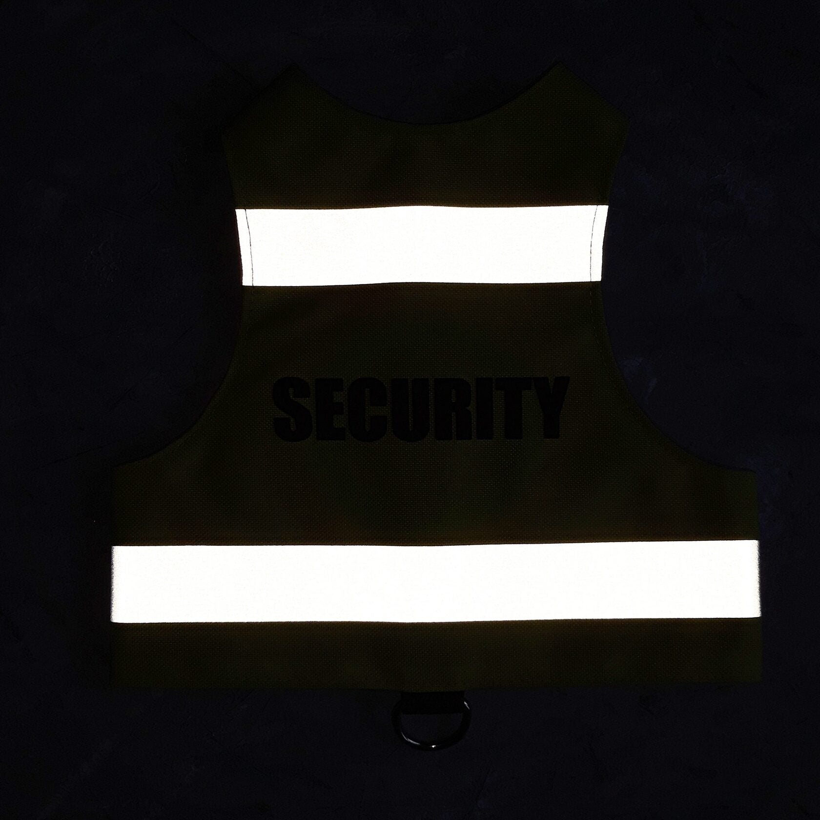 A bright yellow safety vest with horizontal reflective silver stripes and the text "BUNNY PATROL" in black capital letters. A black loop with a silver D-ring is at the bottom.