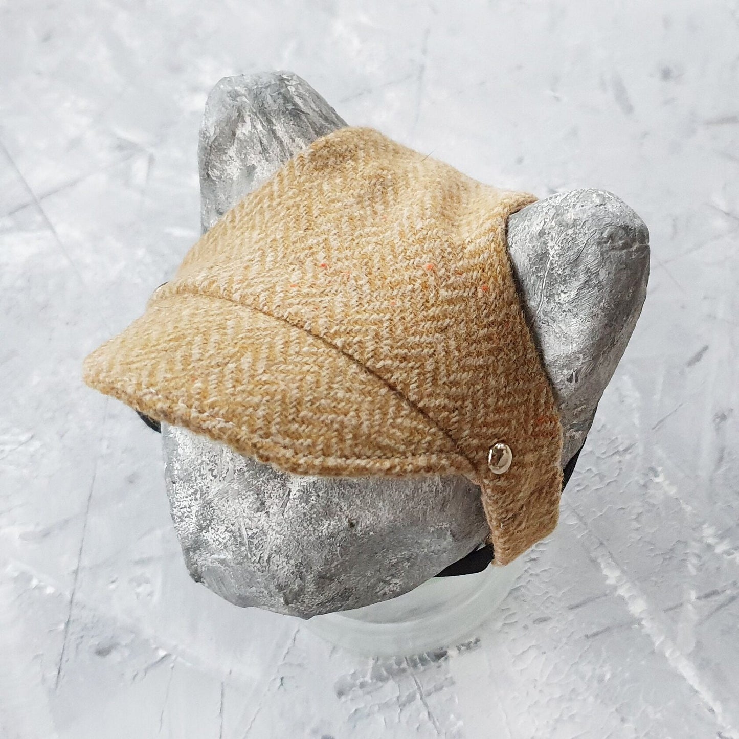Yellow herringbone tweed hat for cat