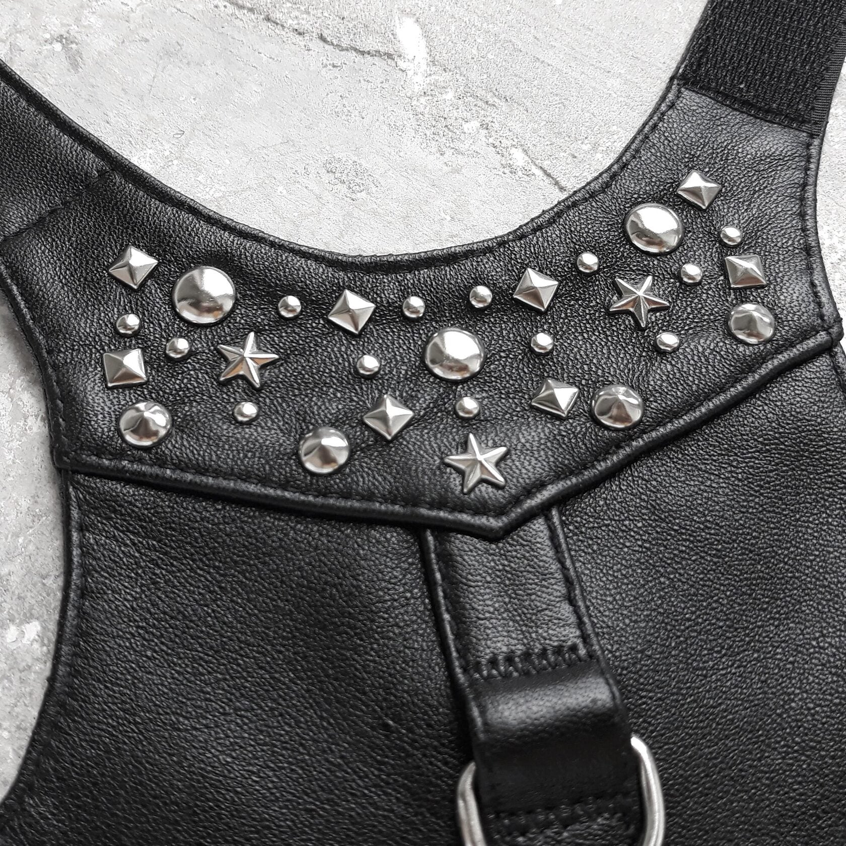 Close-up Stylish black leather harness vest for cats with metallic rivets for adventure cats