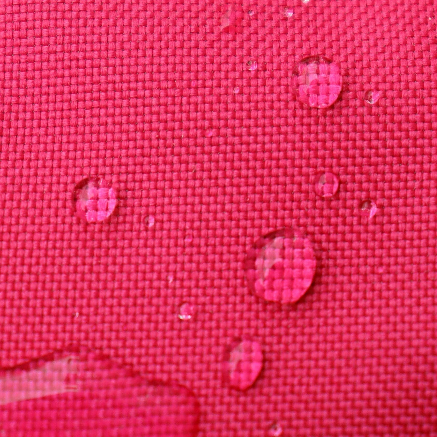 Water droplets on bright pink, water-repellent fabric.