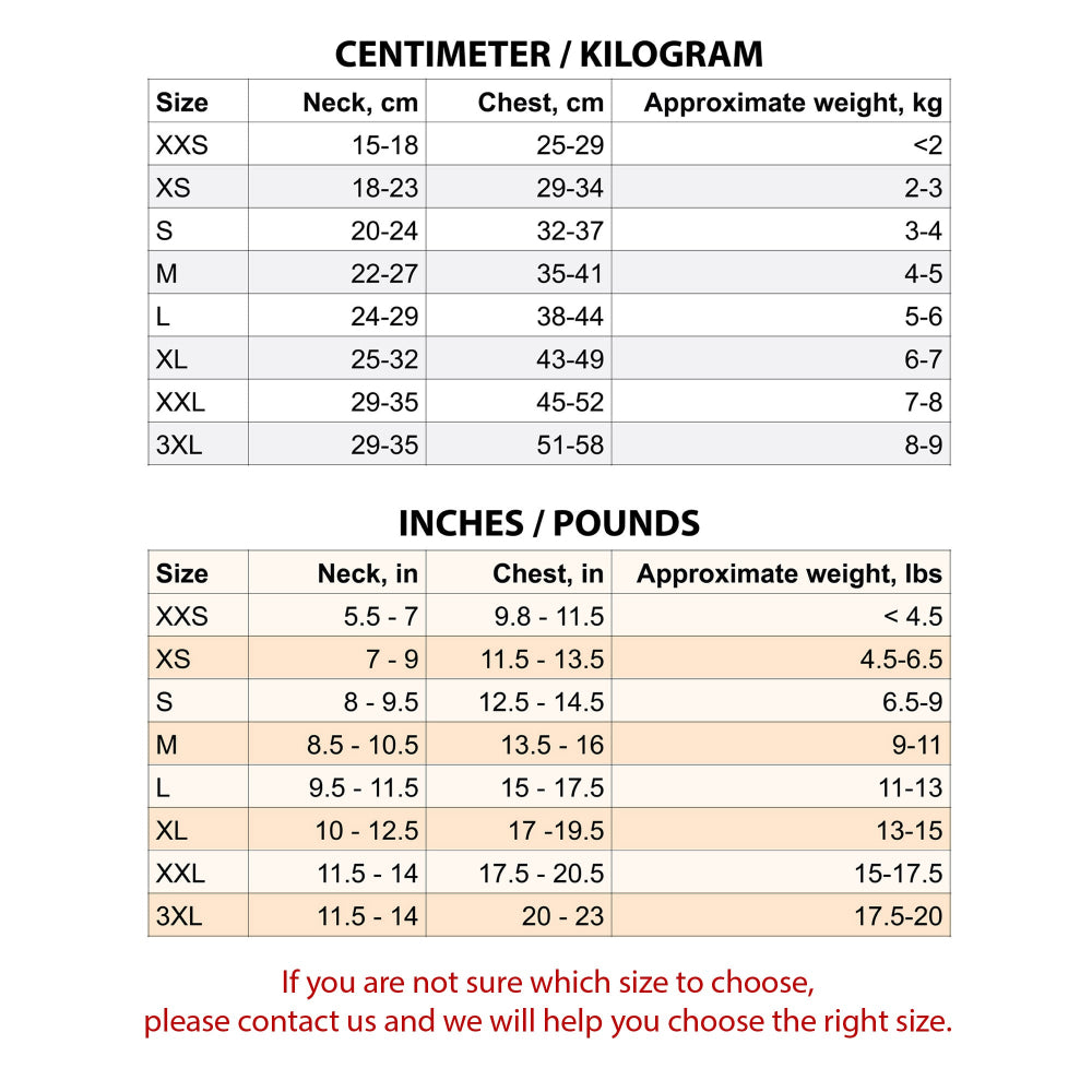 A helpful cat harness sizing chart that allows users to find the appropriate size based on their cat's neck and chest measurements and approximate weight, given in both centimeters/kilograms and inches/pounds.