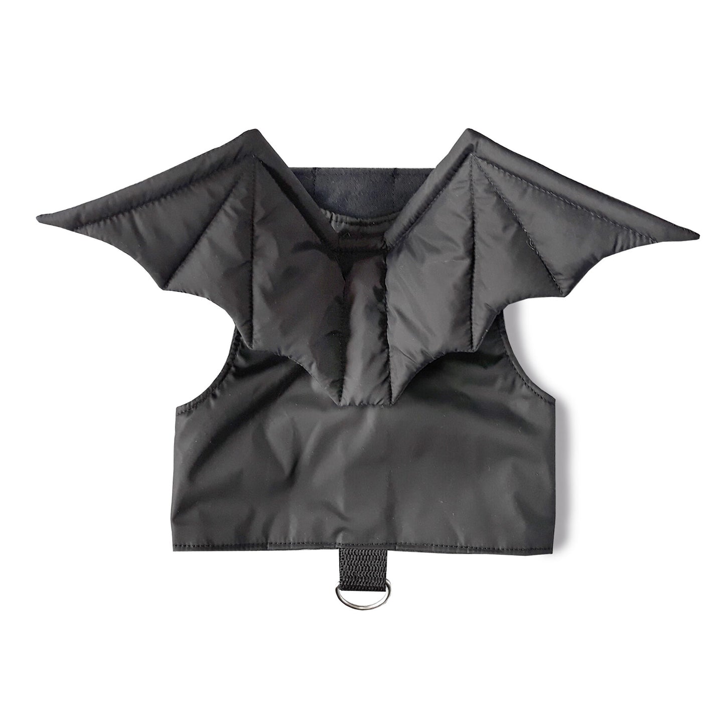 A black cat harness featuring attached bat wings