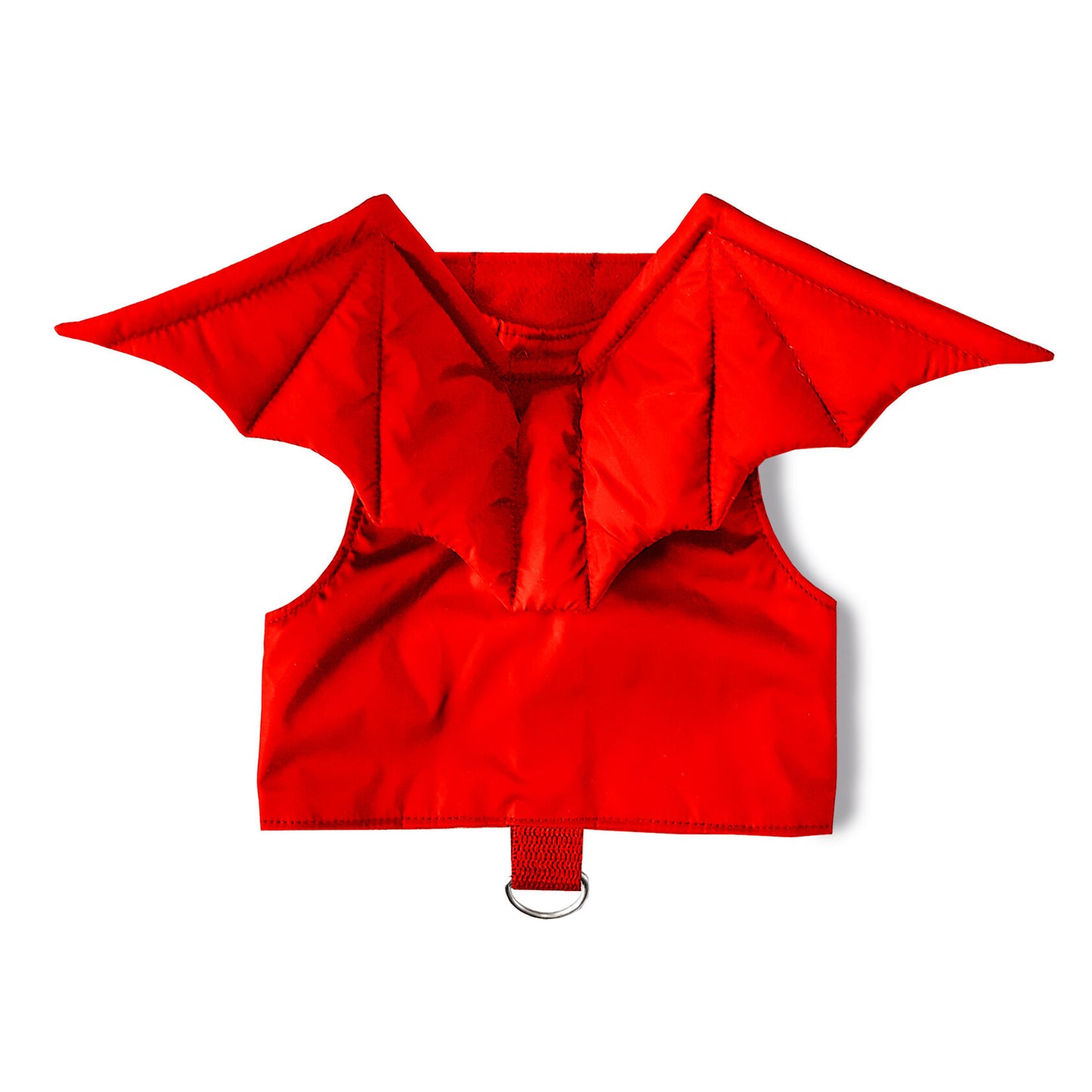 An overhead view of a vibrant red, vest-style cat harness featuring prominent dragon wings attached to the back. A D-ring for leash attachment is visible at the bottom.