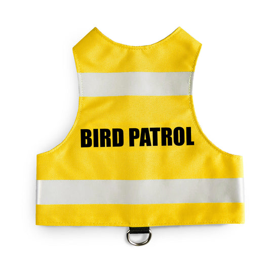 Bright yellow pet safety harness with reflective stripes and "Bird Patrol" text.