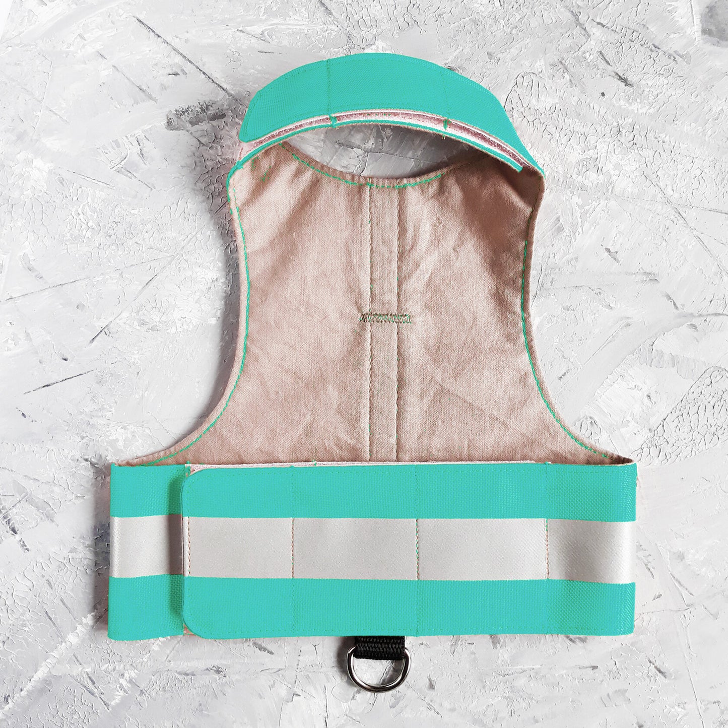 Flat lay of a turquoise water-repellent safety cat harness with two horizontal reflective white stripes and the black text "LIZARD PATROL" centered on the back, featuring a black leash attachment loop with a silver D-ring at the bottom.