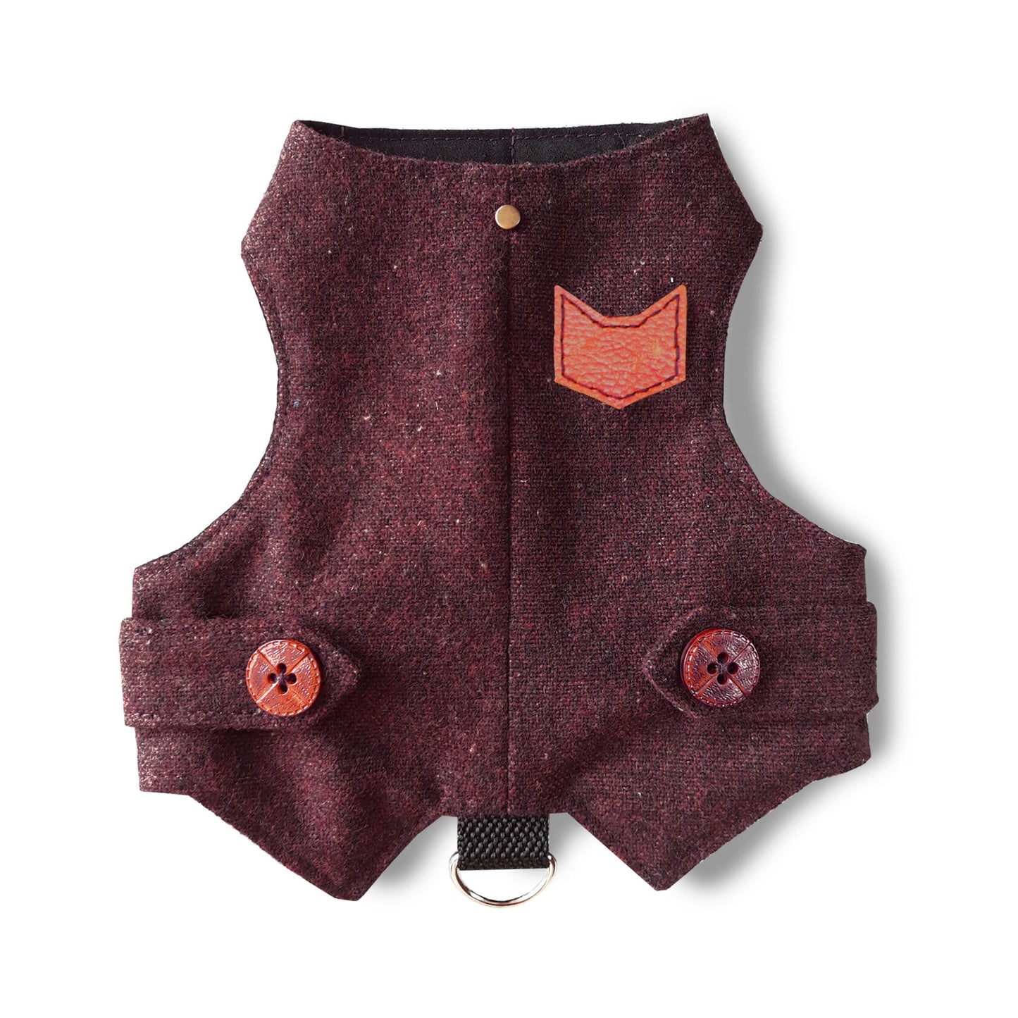 A burgundy tweed cat harness with a brown faux leather cat-shaped patch, decorative buttons, and a black D-ring.