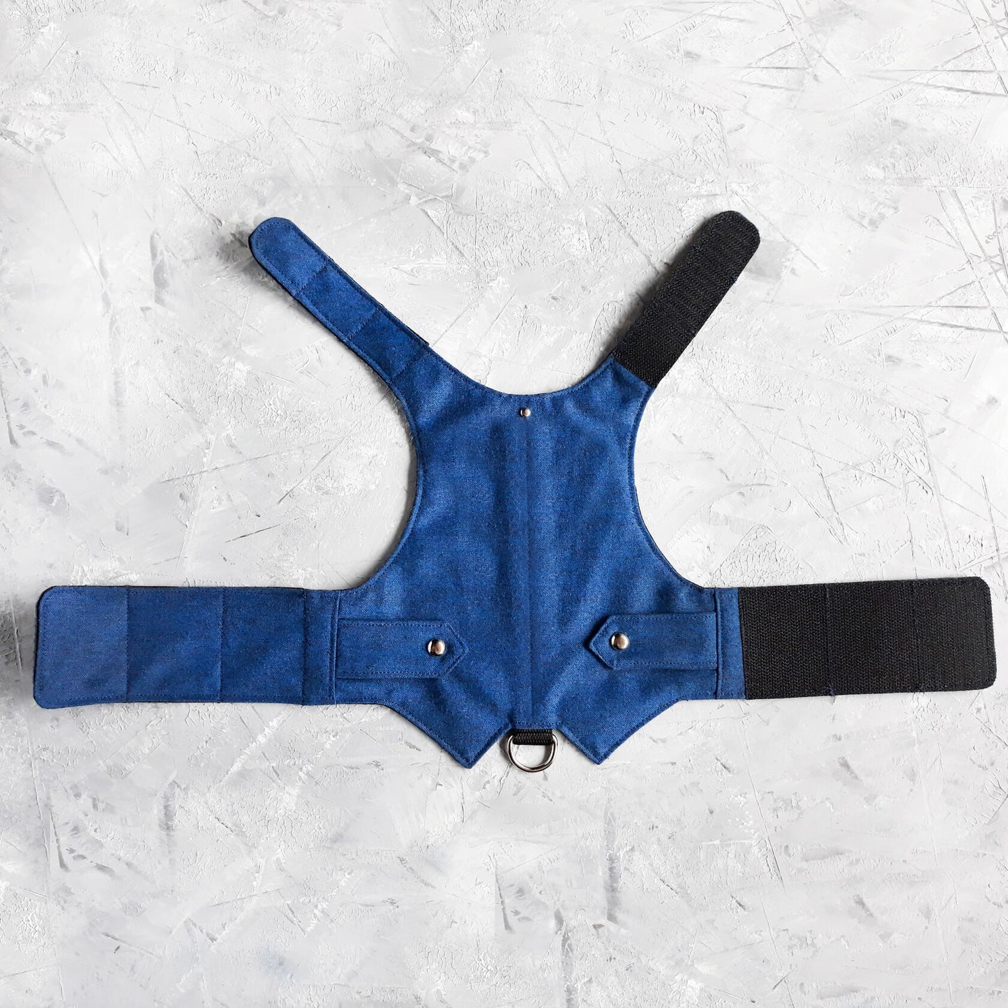 Top-down view of a blue cat harness featuring a vest design with two small pockets, silver button details, and a silver D-ring for leash attachment. Black Velcro straps extend from the sides.