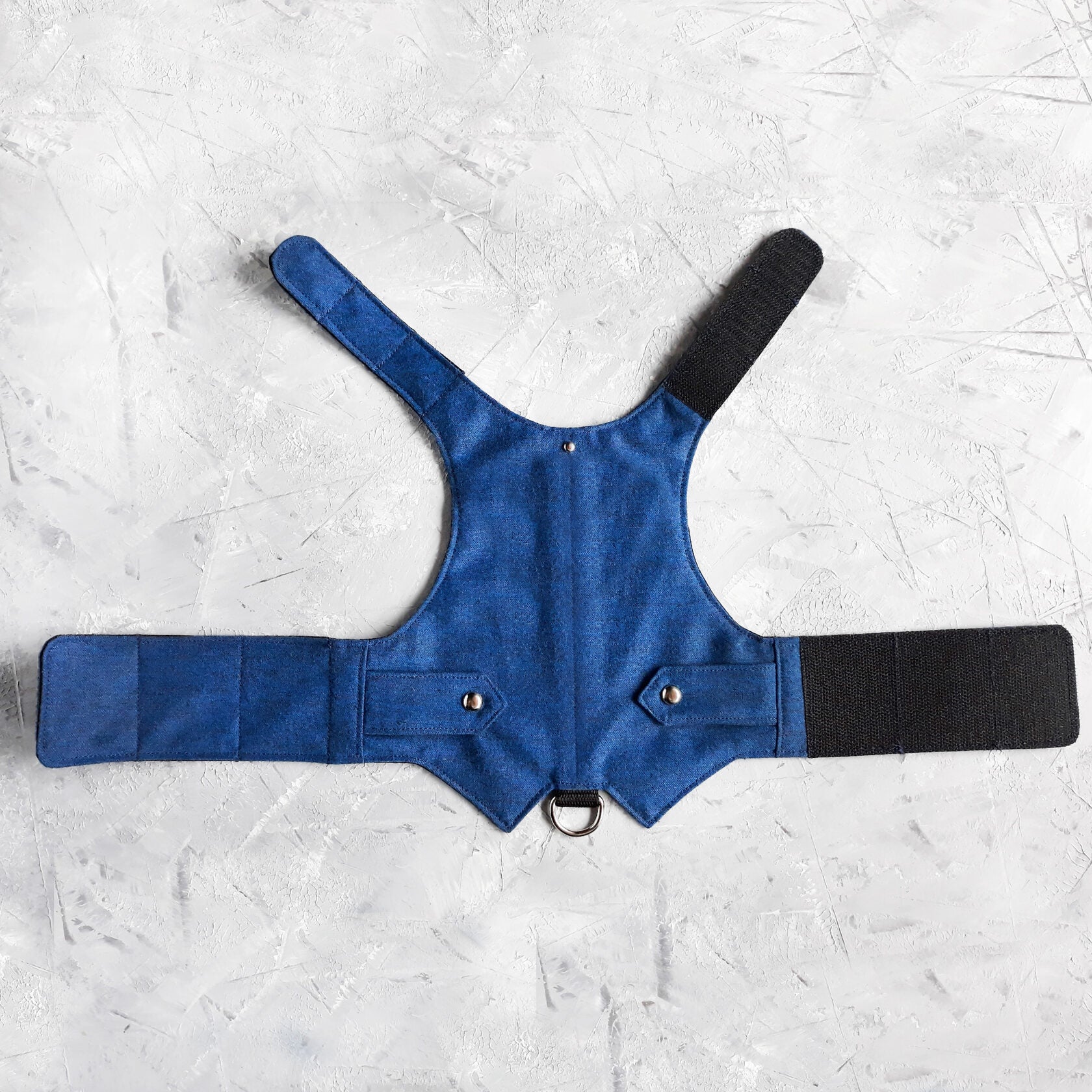 Top-down view of a blue cat harness featuring a vest design with two small pockets, silver button details, and a silver D-ring for leash attachment. Black Velcro straps extend from the sides.