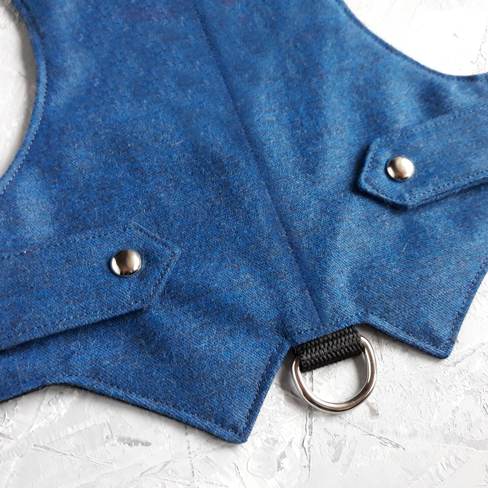 Top-down view of a blue cat harness featuring a vest design with two small pockets, silver button details, and a silver D-ring for leash attachment. Black Velcro straps extend from the sides.