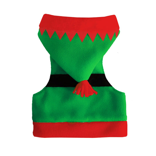 Green and red elf-themed cat harness with a pointed hood, red trim with jagged edges, and a red tassel.