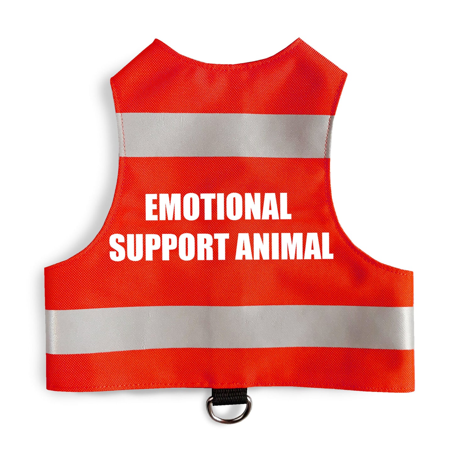 Flat lay of red safety vest for an emotional support animal, featuring two horizontal reflective silver stripes and the white text "EMOTIONAL SUPPORT ANIMAL" stacked in the center, with a black leash attachment loop and silver D-ring at the bottom.